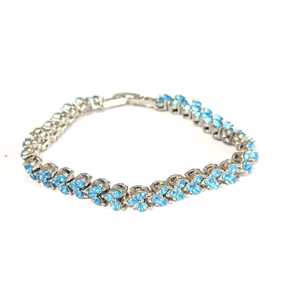Vintage Aqua Blue Tennis Bracelet Silver Tone Sparkly Rhinestone 7.5" B-TN13